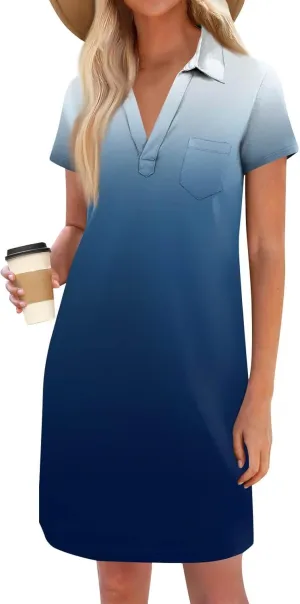 Polo Dresses for Women Short Sleeve V Neck Shift Dress Trendy Office Casual T Shirts Dresses with Pockets