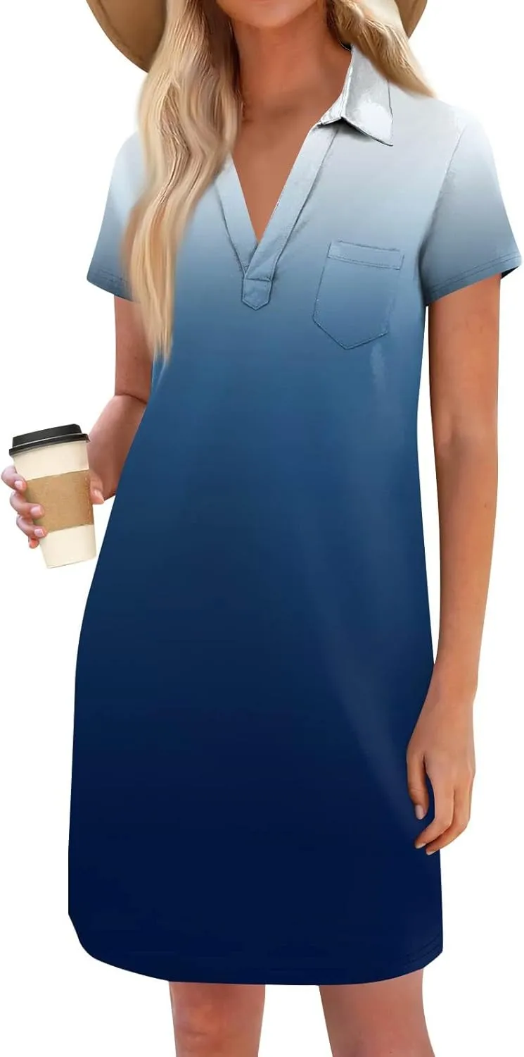 Polo Dresses for Women Short Sleeve V Neck Shift Dress Trendy Office Casual T Shirts Dresses with Pockets