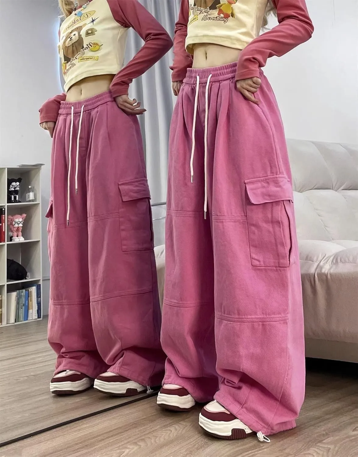 Pooyikoi Women's Baggy Cargo Pants Y2K Pants Multi-Pocket Pants Gothic Harajuku Baggy Wide-Leg Pants Oversized Streetwear