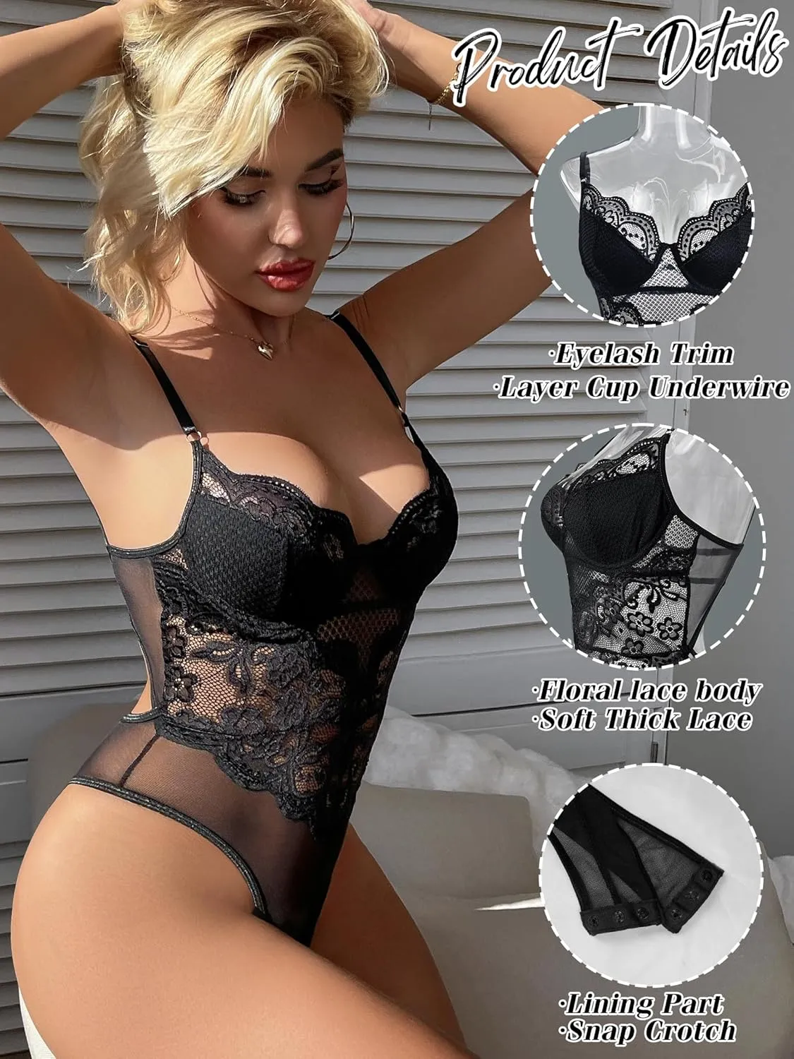 popiv Women One Piece Lingerie Lace Body Suits Teddy Corset Tops Underwire Bodysuit