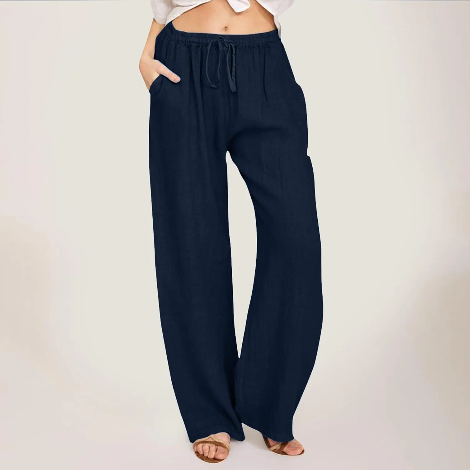PTOLOCIF Cotton Linen Pants Women,Casual Linen High Waist Pants Wide Leg Palazzo Pants Drawstring Loose Fit Summer Pants