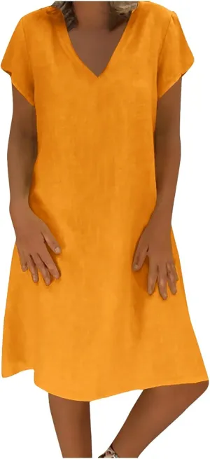 PTOLOCIF Women Cute Cap Sleeve V Neck Dresses Casual Cotton Linen Dress Summer Plain Shift Sundress Knee Length T Shirt Dress