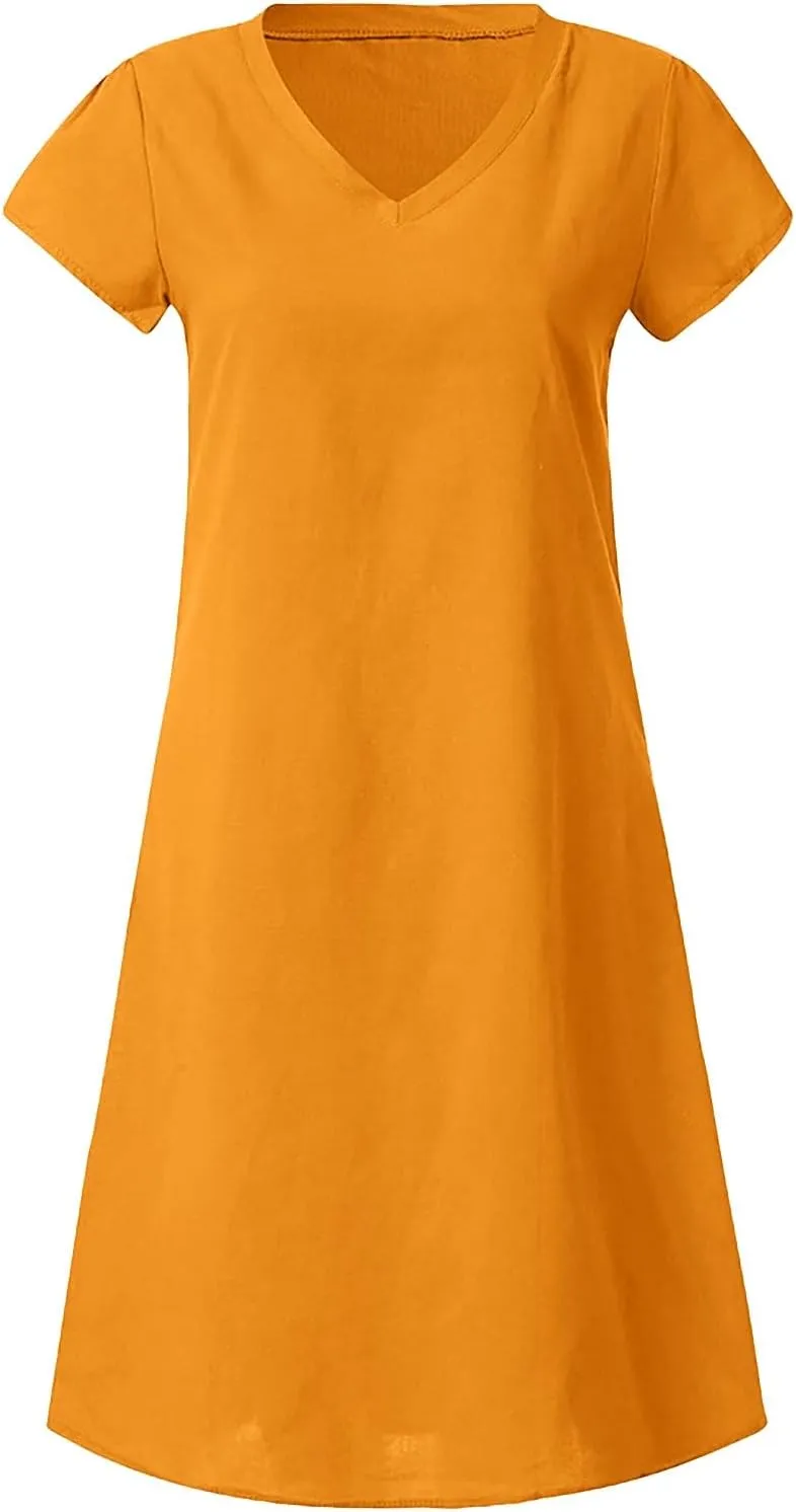 PTOLOCIF Women Cute Cap Sleeve V Neck Dresses Casual Cotton Linen Dress Summer Plain Shift Sundress Knee Length T Shirt Dress