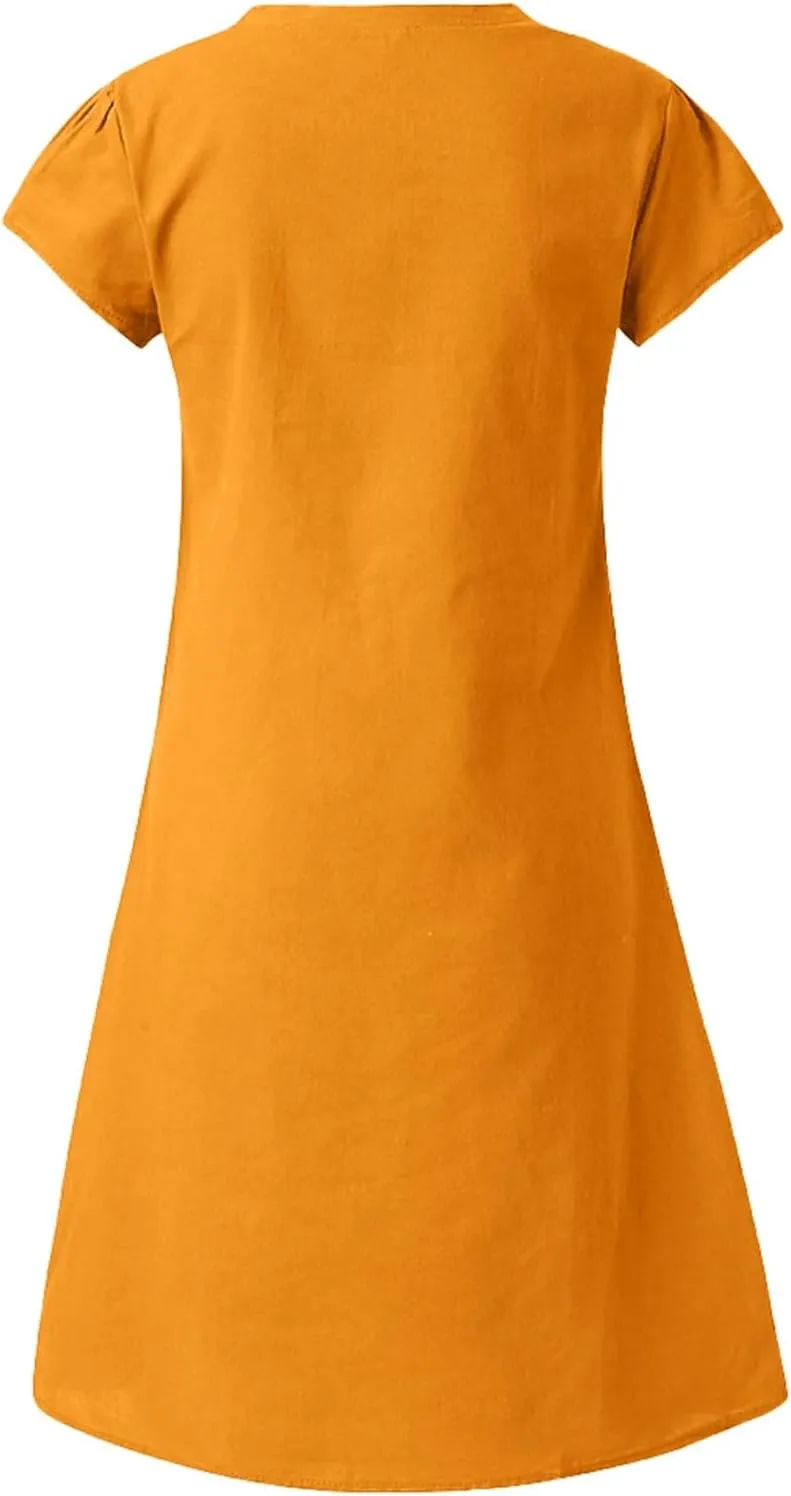 PTOLOCIF Women Cute Cap Sleeve V Neck Dresses Casual Cotton Linen Dress Summer Plain Shift Sundress Knee Length T Shirt Dress