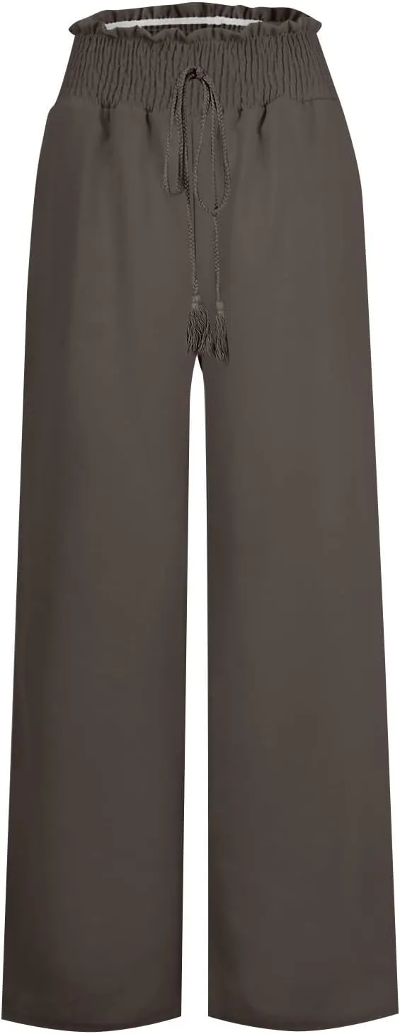 Qeaghou Womens Wide Leg Pants Dressy Casual Palazzo Pants Summer High Waisted Comfy Flowy Pants Trouser Style Lounge Pants