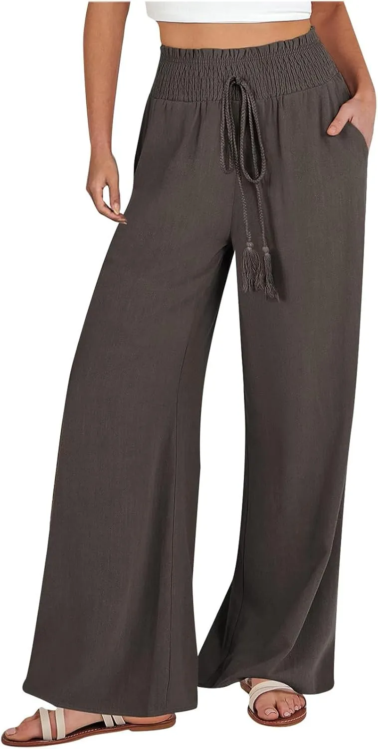 Qeaghou Womens Wide Leg Pants Dressy Casual Palazzo Pants Summer High Waisted Comfy Flowy Pants Trouser Style Lounge Pants