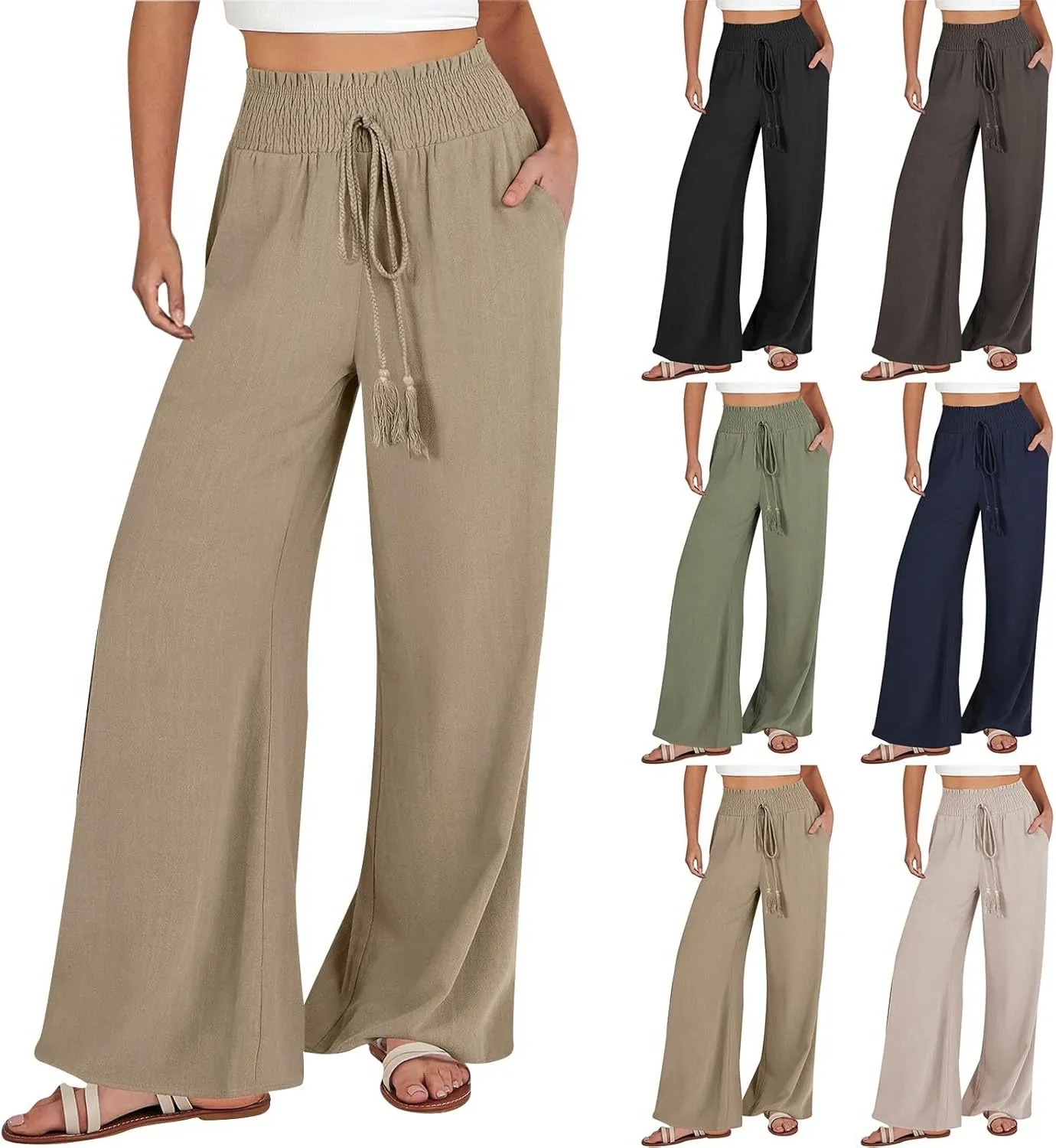 Qeaghou Womens Wide Leg Pants Dressy Casual Palazzo Pants Summer High Waisted Comfy Flowy Pants Trouser Style Lounge Pants