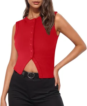 Ribbed Kint Tank Tops for Women Summer Button Front Sleeveless Cropped Shirts Casual Sexy Slim Fit Going Out Blouse
