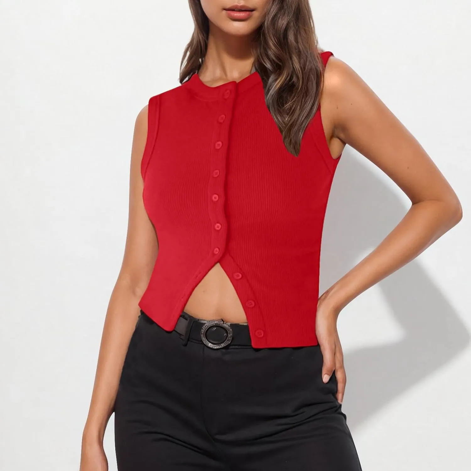 Ribbed Kint Tank Tops for Women Summer Button Front Sleeveless Cropped Shirts Casual Sexy Slim Fit Going Out Blouse