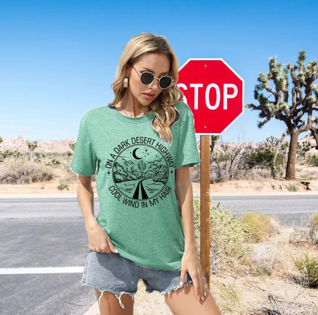 Road Trip Graphic Tees for Women Desert Cactus Highway Vintage Tees