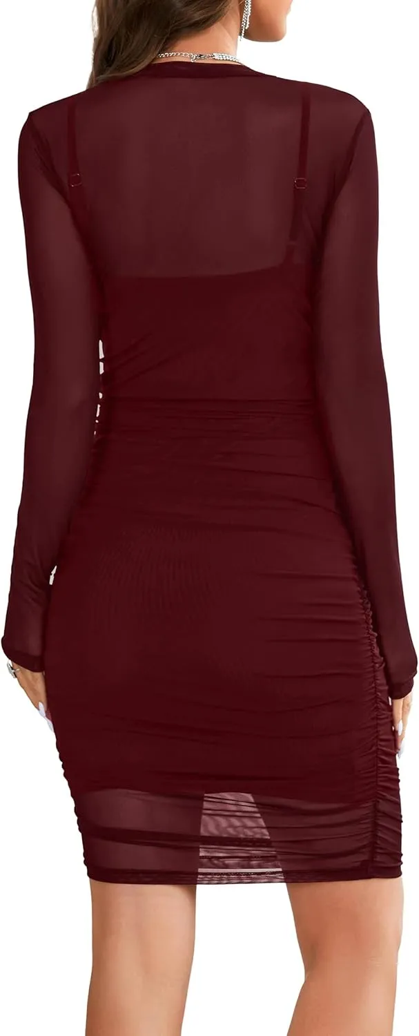 Rooscier Women's Sheer Mesh 2 Pcs Mock Neck Outfits Long Sleeve Ruched Bodycon Club Midi Dress