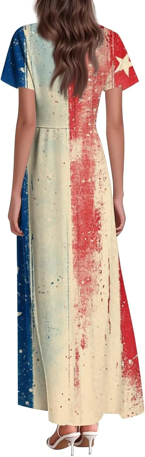 RTTUIOP Summer Maxi Dresses for Women 2025 4th of July Dress Women Patriotic American Flag Spring Summer Long Flowy Dresse
