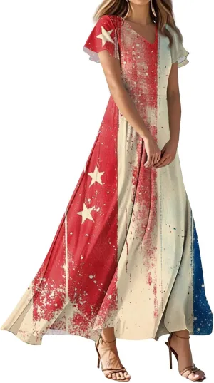 RTTUIOP Summer Maxi Dresses for Women 2025 4th of July Dress Women Patriotic American Flag Spring Summer Long Flowy Dresse