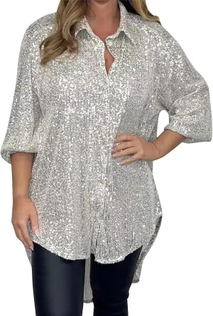 Sequin Button Shirt for Women Long Sleeve Silver Black Glitter Sequin High Low Hem Tops Sparkly Collared Party Blouse