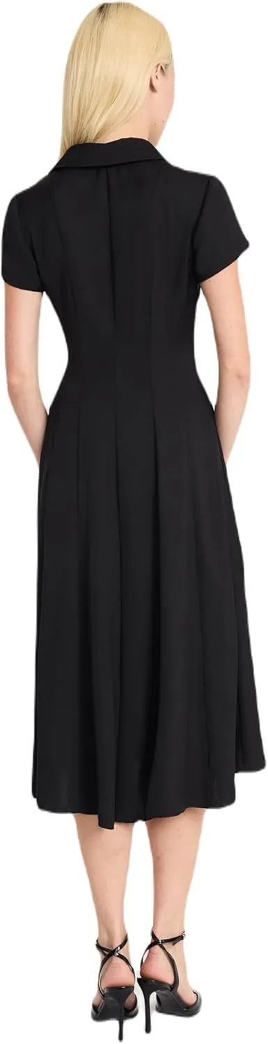 Short Sleeve Button-Front Midi Versatile Knee-Length Flared Skirt-Work Dresses for Women