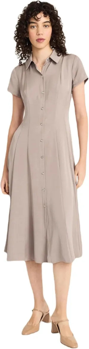 Short Sleeve Button-Front Midi Versatile Knee-Length Flared Skirt-Work Dresses for Women