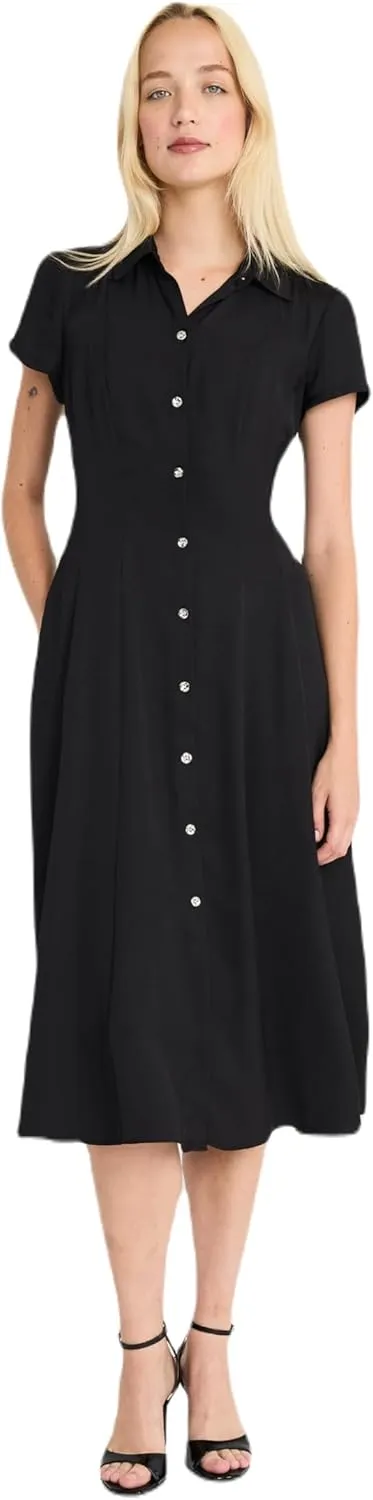 Short Sleeve Button-Front Midi Versatile Knee-Length Flared Skirt-Work Dresses for Women