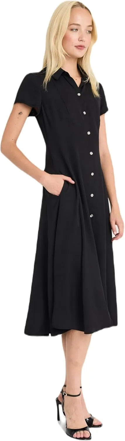 Short Sleeve Button-Front Midi Versatile Knee-Length Flared Skirt-Work Dresses for Women