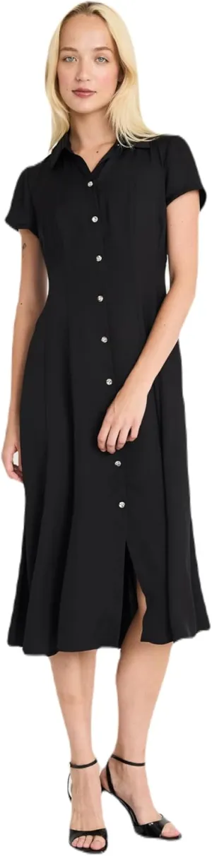 Short Sleeve Button-Front Midi Versatile Knee-Length Flared Skirt-Work Dresses for Women