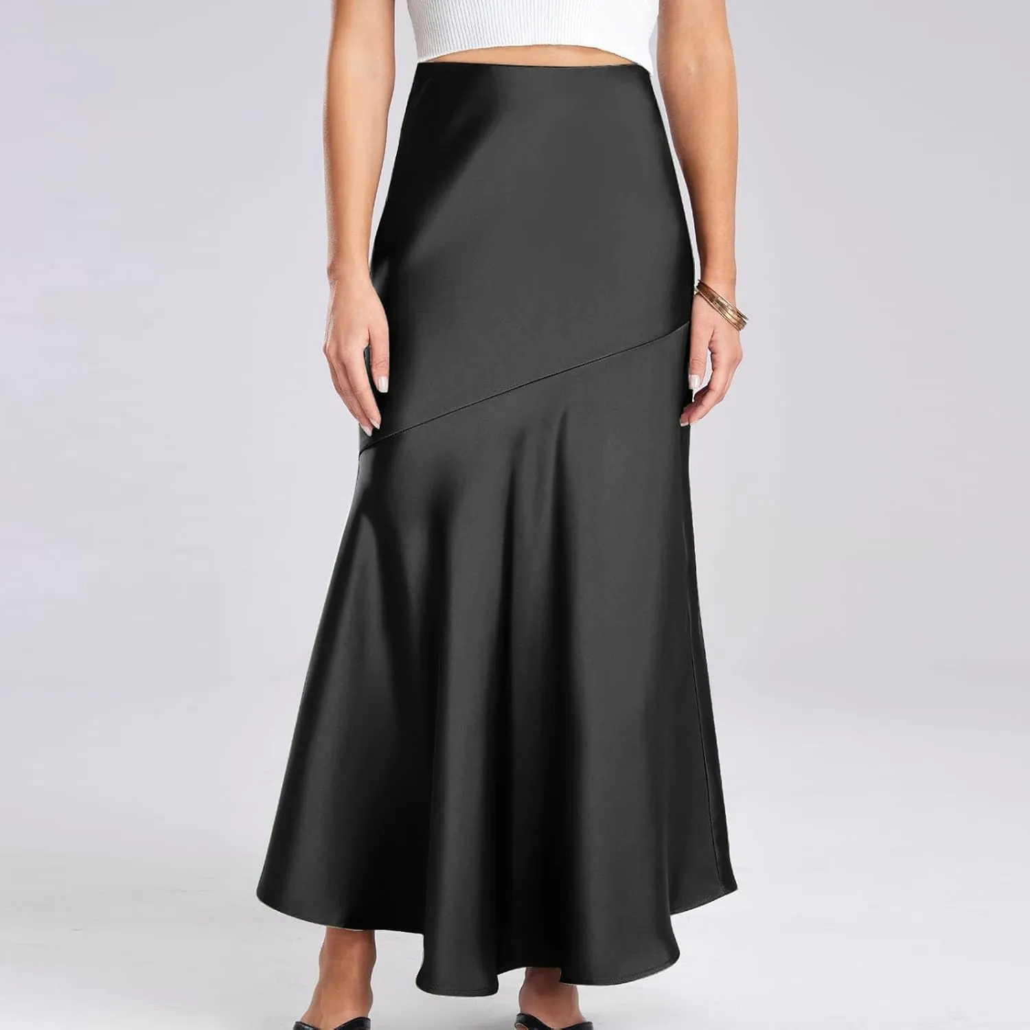 Silk Skirts Women Satin A-Line Maxi Long Ankle Length Elastic Waist Flared Flowy Mermaid Hem Wedding Elegant Skirt