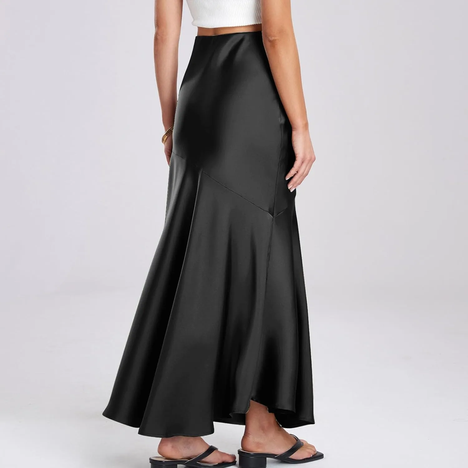 Silk Skirts Women Satin A-Line Maxi Long Ankle Length Elastic Waist Flared Flowy Mermaid Hem Wedding Elegant Skirt