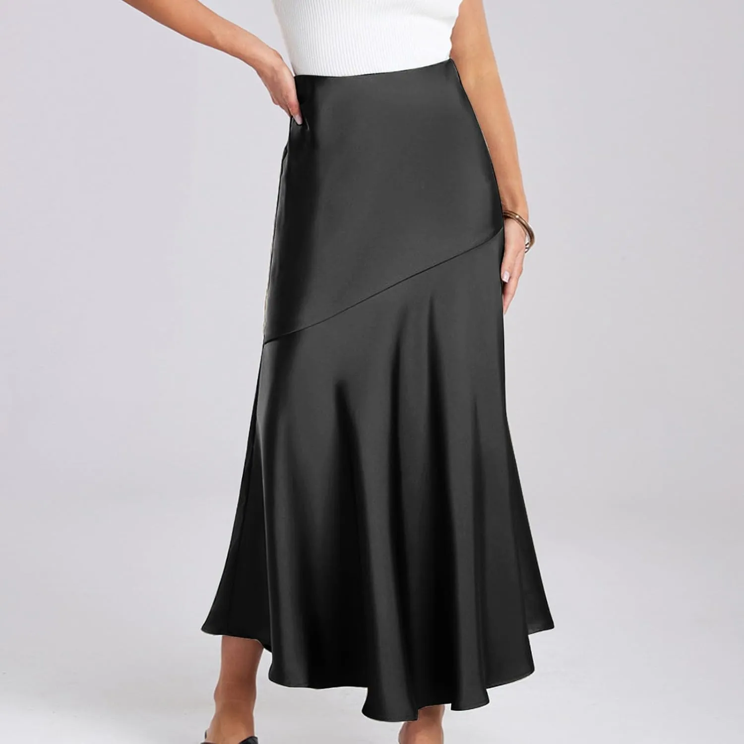 Silk Skirts Women Satin A-Line Maxi Long Ankle Length Elastic Waist Flared Flowy Mermaid Hem Wedding Elegant Skirt