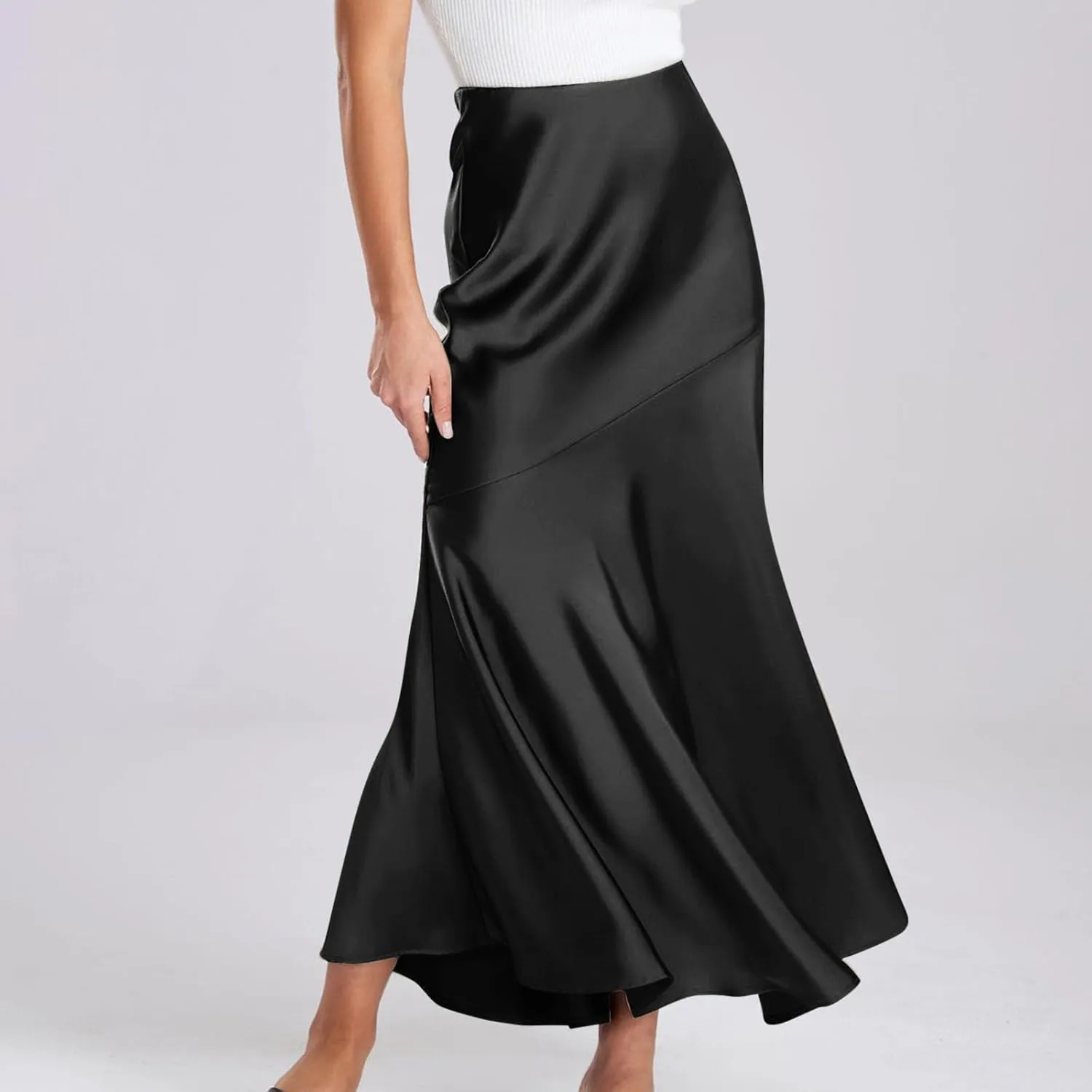 Silk Skirts Women Satin A-Line Maxi Long Ankle Length Elastic Waist Flared Flowy Mermaid Hem Wedding Elegant Skirt