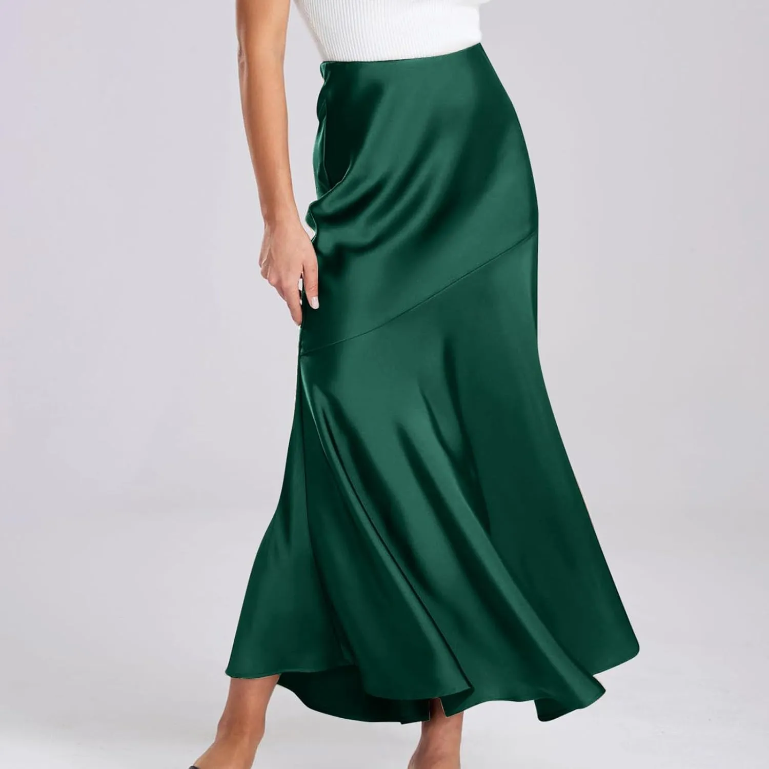 Silk Skirts Women Satin A-Line Maxi Long Ankle Length Elastic Waist Flared Flowy Mermaid Hem Wedding Elegant Skirt