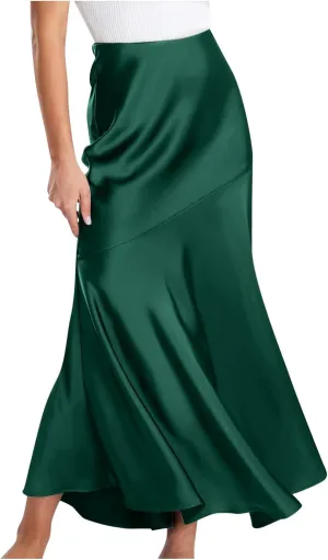 Silk Skirts Women Satin A-Line Maxi Long Ankle Length Elastic Waist Flared Flowy Mermaid Hem Wedding Elegant Skirt
