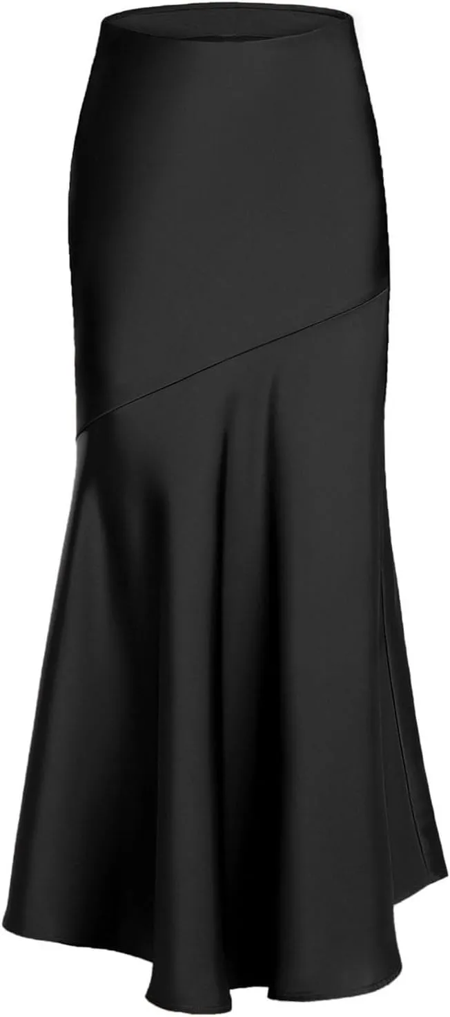 Silk Skirts Women Satin A-Line Maxi Long Ankle Length Elastic Waist Flared Flowy Mermaid Hem Wedding Elegant Skirt