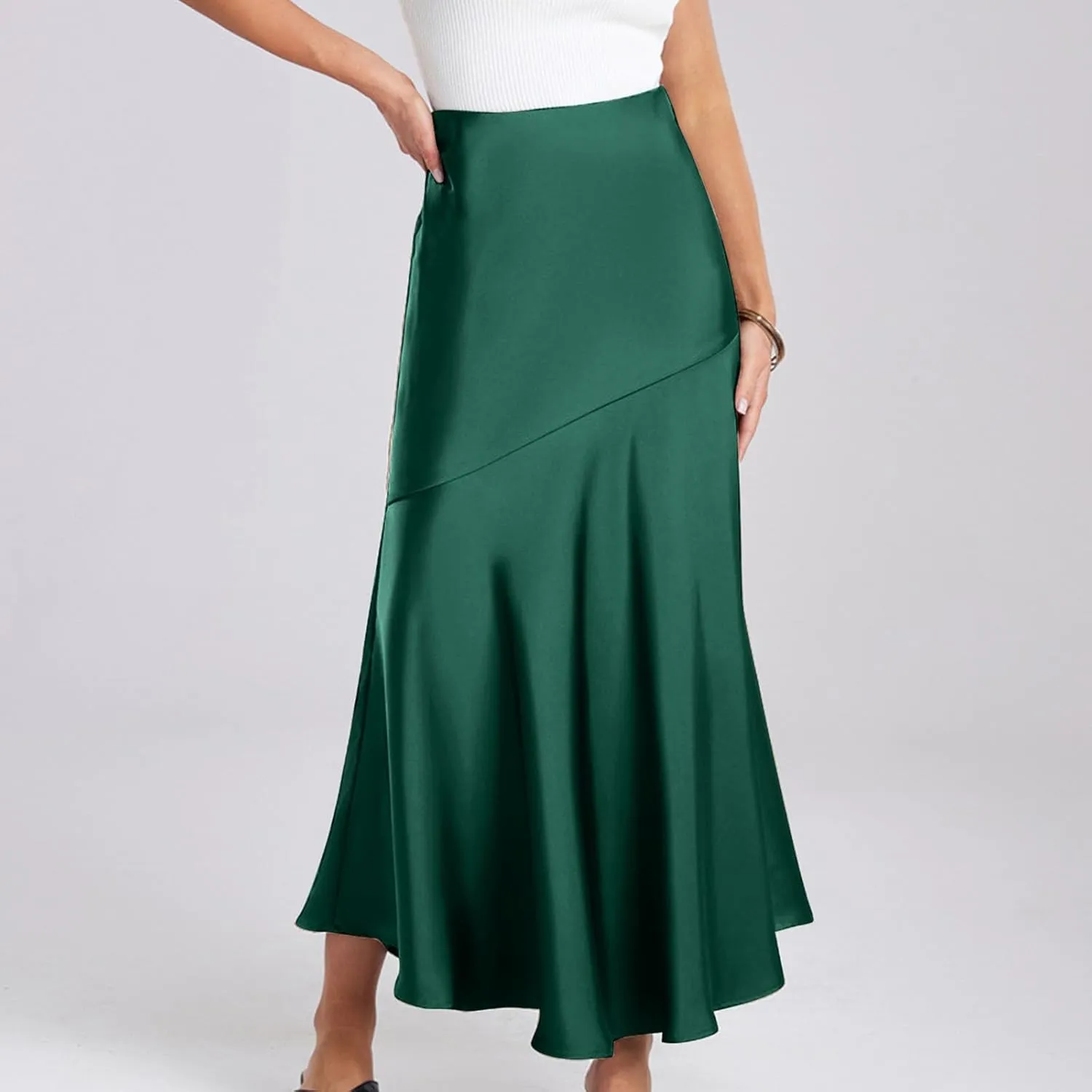 Silk Skirts Women Satin A-Line Maxi Long Ankle Length Elastic Waist Flared Flowy Mermaid Hem Wedding Elegant Skirt
