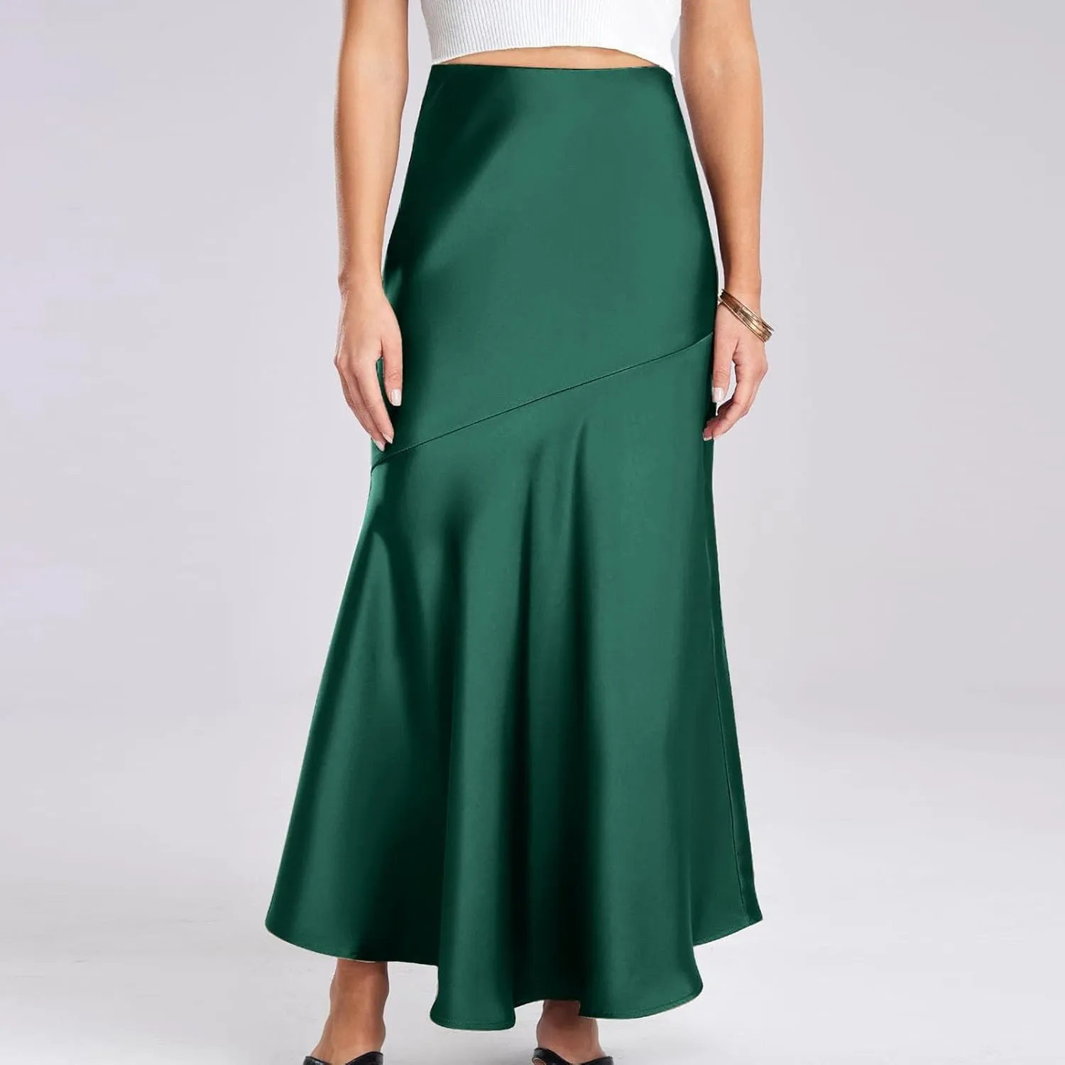 Silk Skirts Women Satin A-Line Maxi Long Ankle Length Elastic Waist Flared Flowy Mermaid Hem Wedding Elegant Skirt