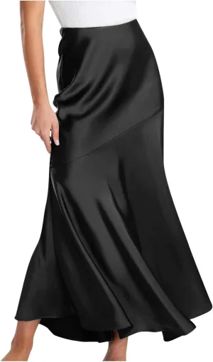 Silk Skirts Women Satin A-Line Maxi Long Ankle Length Elastic Waist Flared Flowy Mermaid Hem Wedding Elegant Skirt