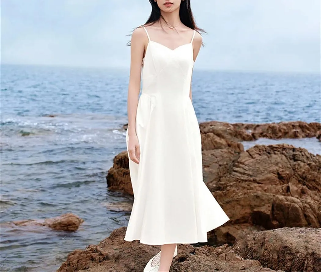 Slimming V-Neck Slip Dress Solid Vintage Cotton Summer Casual Daywear Breathable Beach Street Dress
