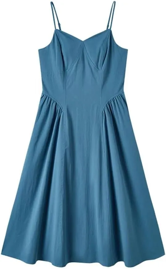 Slimming V-Neck Slip Dress Solid Vintage Cotton Summer Casual Daywear Breathable Beach Street Dress