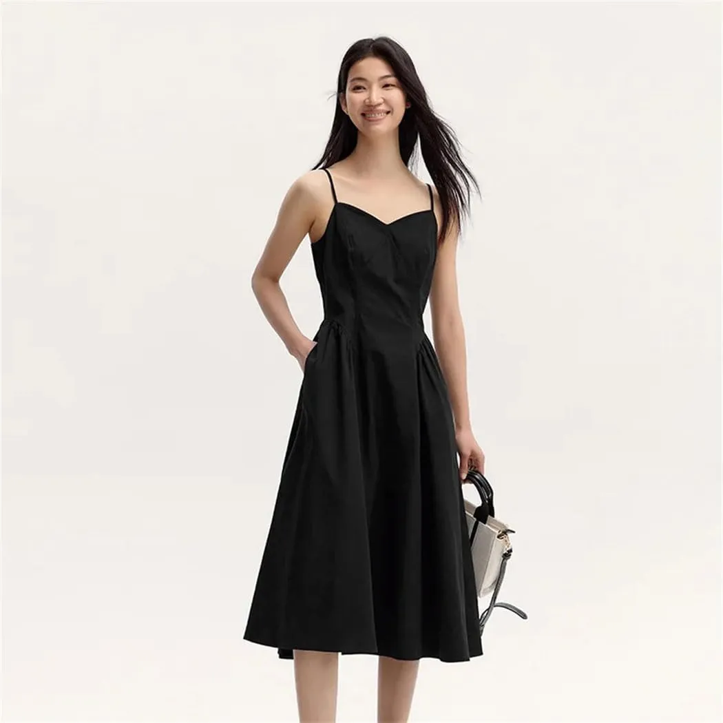 Slimming V-Neck Slip Dress Solid Vintage Cotton Summer Casual Daywear Breathable Beach Street Dress