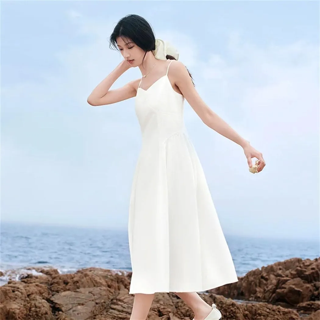 Slimming V-Neck Slip Dress Solid Vintage Cotton Summer Casual Daywear Breathable Beach Street Dress