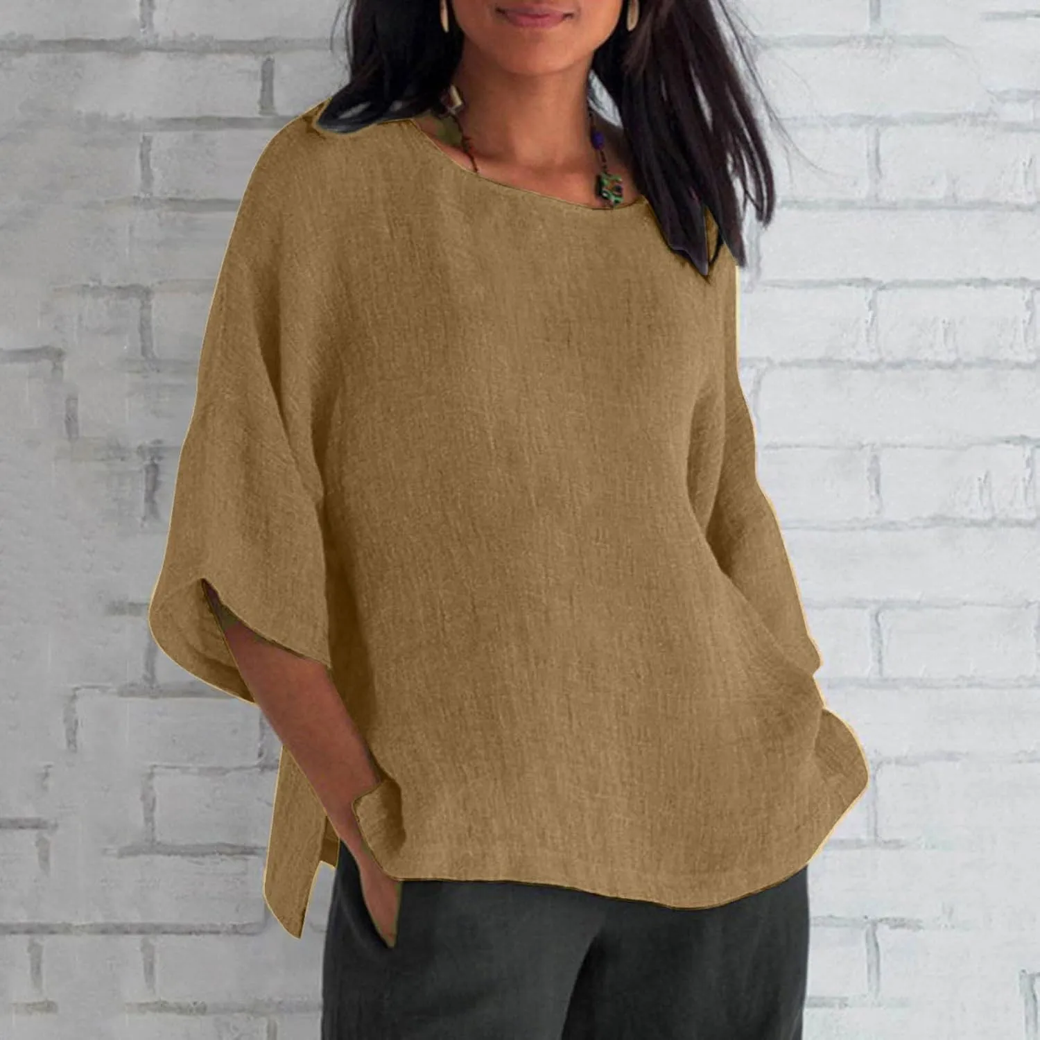 SMIDOW Womens Summer Tops 2023 Plus Size Cotton Linen Shirts Loose Fit 3/4 Sleeve Crewneck Blouses Dressy Casual