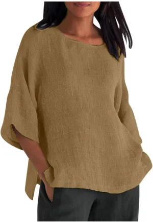 SMIDOW Womens Summer Tops 2023 Plus Size Cotton Linen Shirts Loose Fit 3/4 Sleeve Crewneck Blouses Dressy Casual