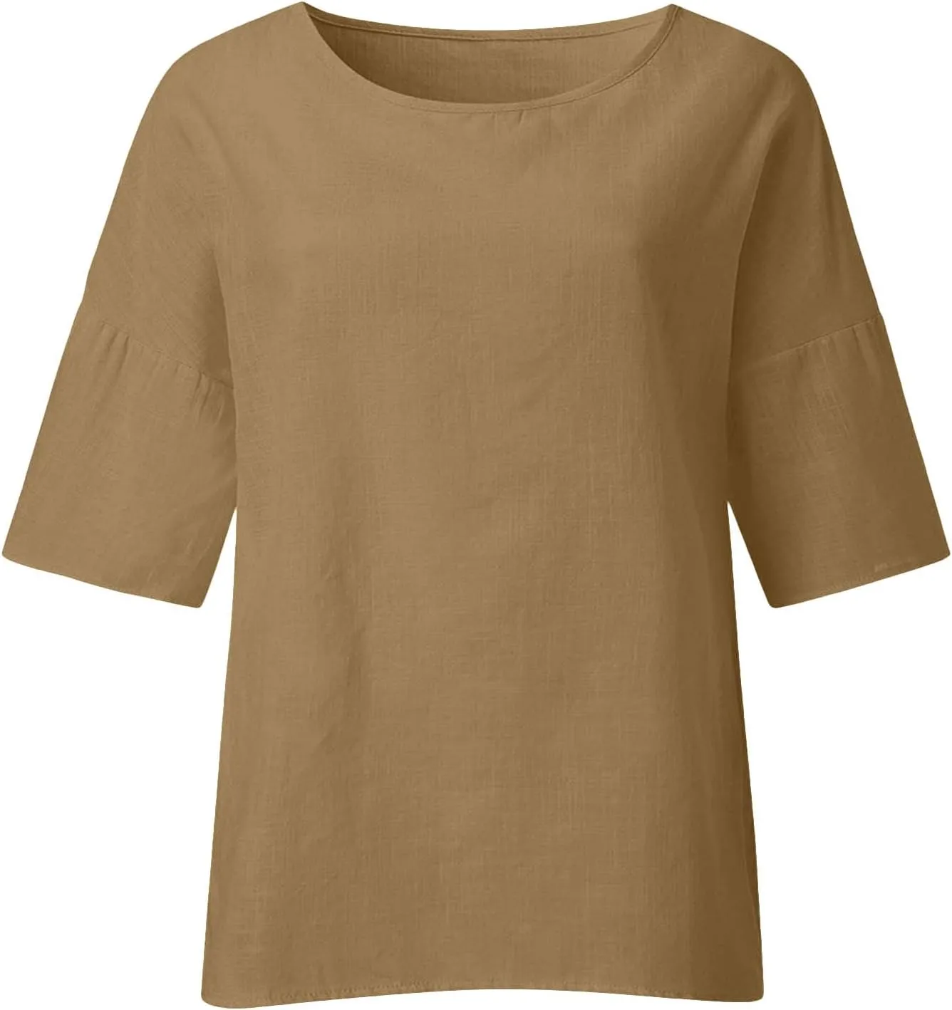 SMIDOW Womens Summer Tops 2023 Plus Size Cotton Linen Shirts Loose Fit 3/4 Sleeve Crewneck Blouses Dressy Casual