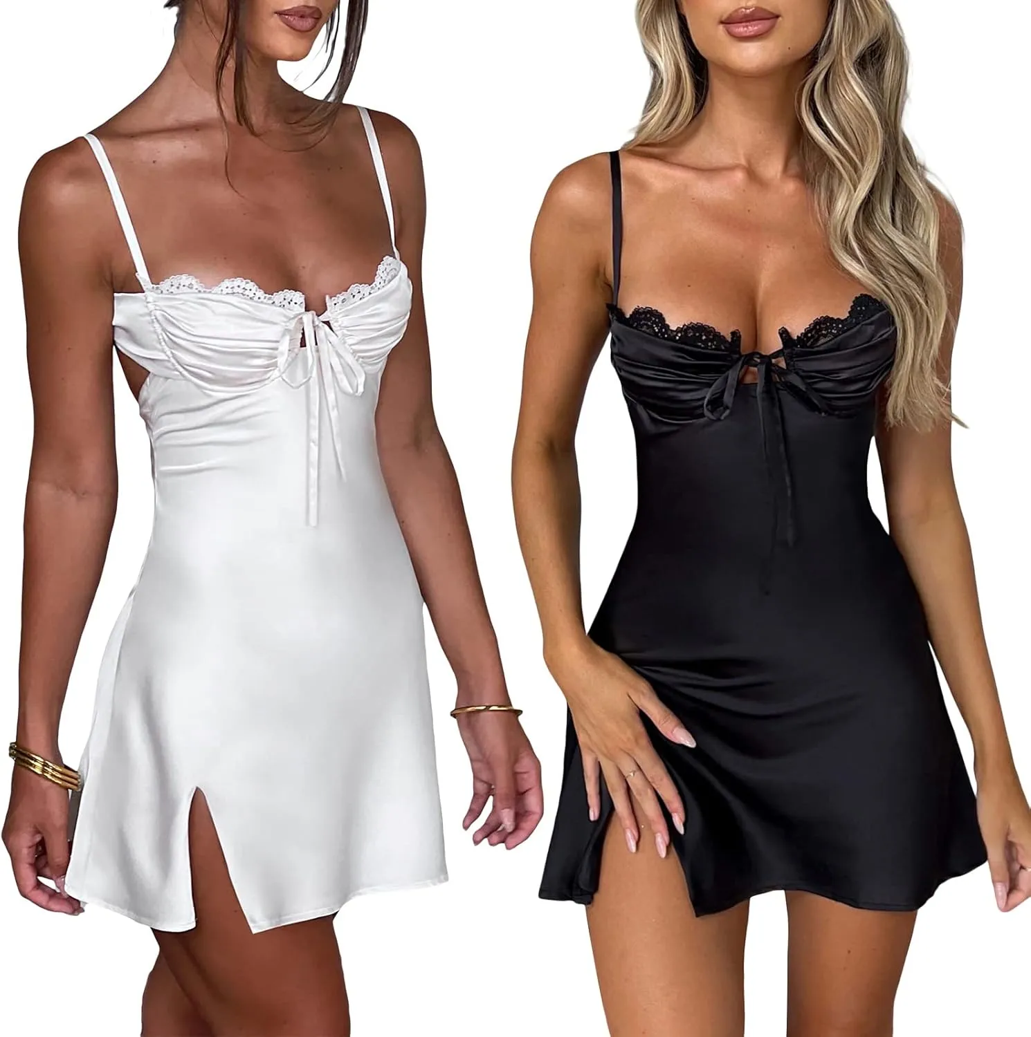 SOLILOQUY Women Lace Satin Slip Mini Dress Sexy Spaghetti Strap Frill Bust A-line Short Dress Y2K Party Nightwear
