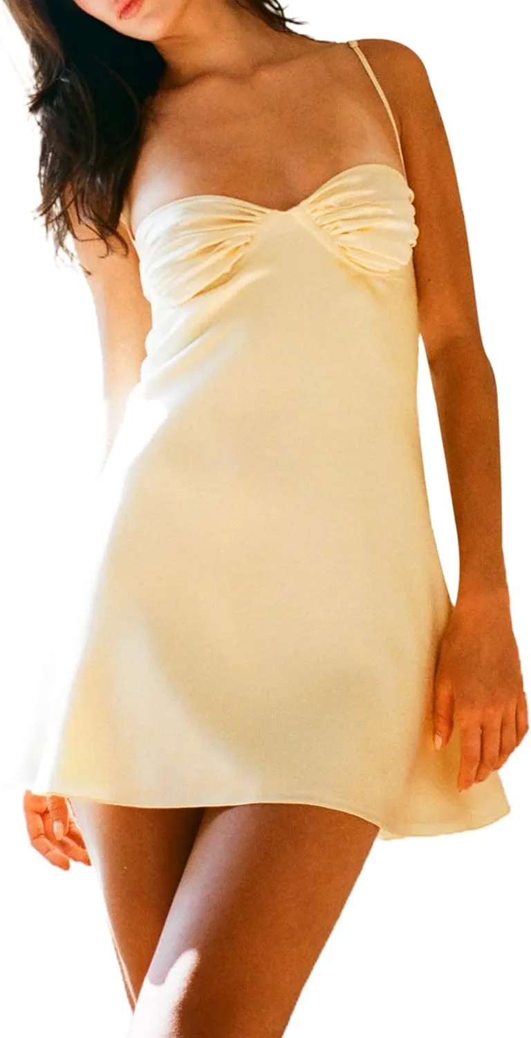 SOLILOQUY Women Lace Satin Slip Mini Dress Sexy Spaghetti Strap Frill Bust A-line Short Dress Y2K Party Nightwear