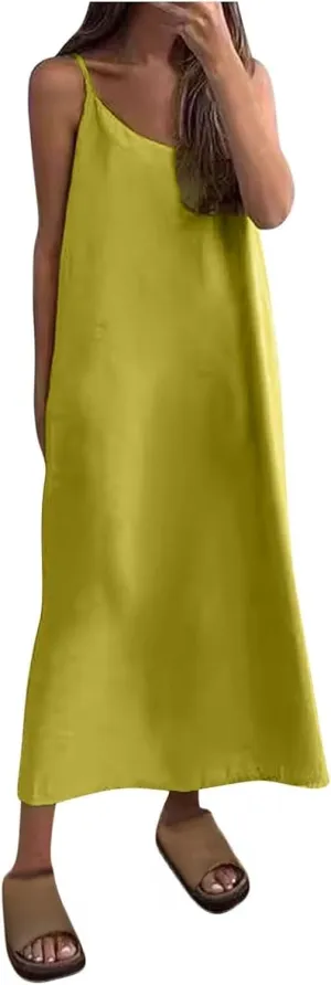 Spaghetti Strap Dresses for Women Summer Casual Loose Sexy Sleeveless Sundress Beach Vacation Flowy Maxi Dress