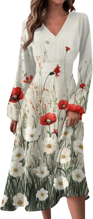 Spring Dresses for Women 2025 Long Sleeve V Neck Midi Boho Modest Cute Teens Office Western Dress