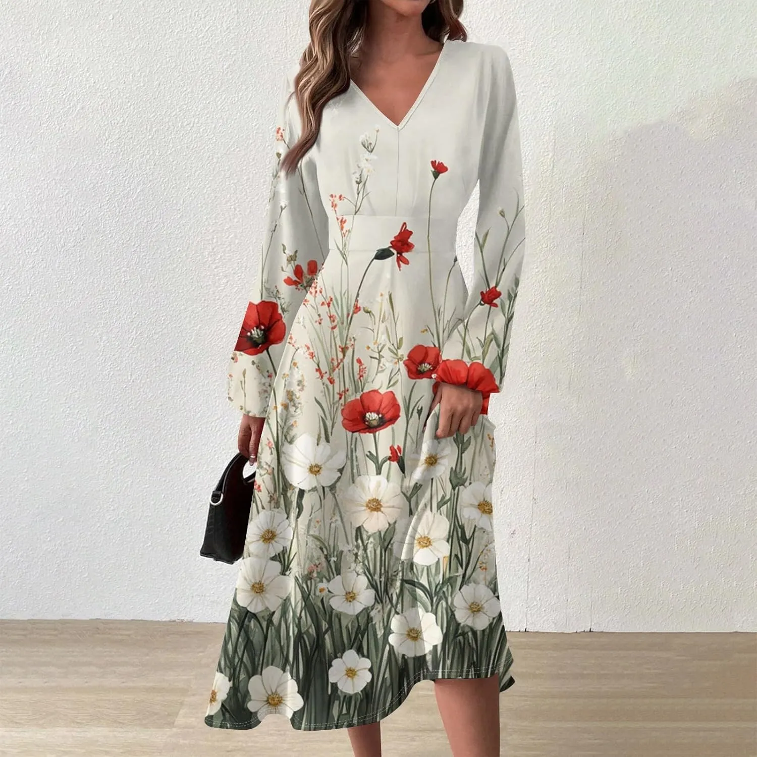 Spring Dresses for Women 2025 Long Sleeve V Neck Midi Boho Modest Cute Teens Office Western Dress