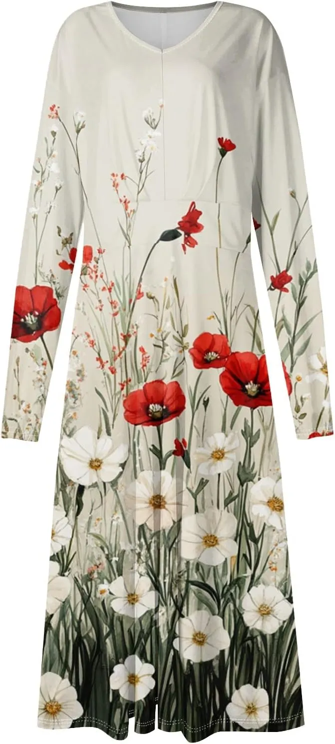 Spring Dresses for Women 2025 Long Sleeve V Neck Midi Boho Modest Cute Teens Office Western Dress