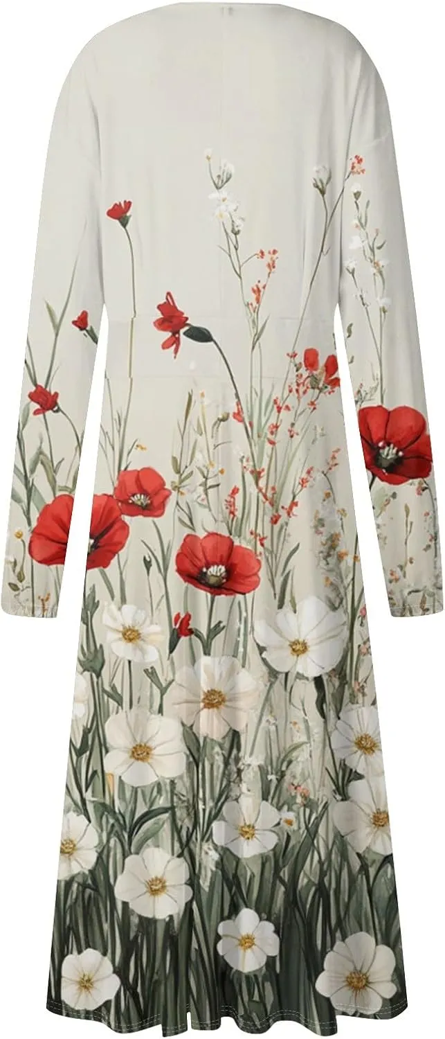 Spring Dresses for Women 2025 Long Sleeve V Neck Midi Boho Modest Cute Teens Office Western Dress