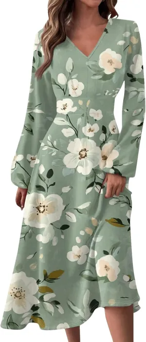 Spring Dresses for Women 2025 Long Sleeve V Neck Midi Cute Summer Vacation Trendy Loose Curvy Dress