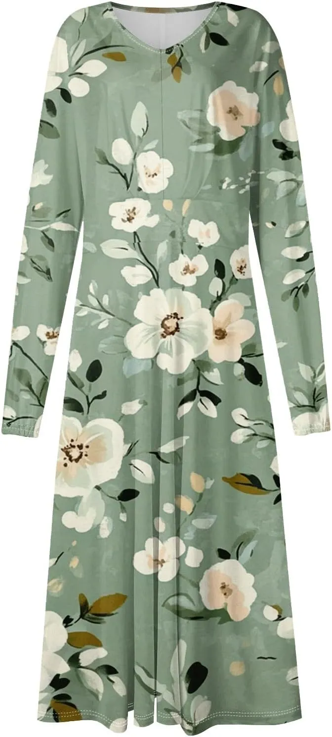 Spring Dresses for Women 2025 Long Sleeve V Neck Midi Cute Summer Vacation Trendy Loose Curvy Dress
