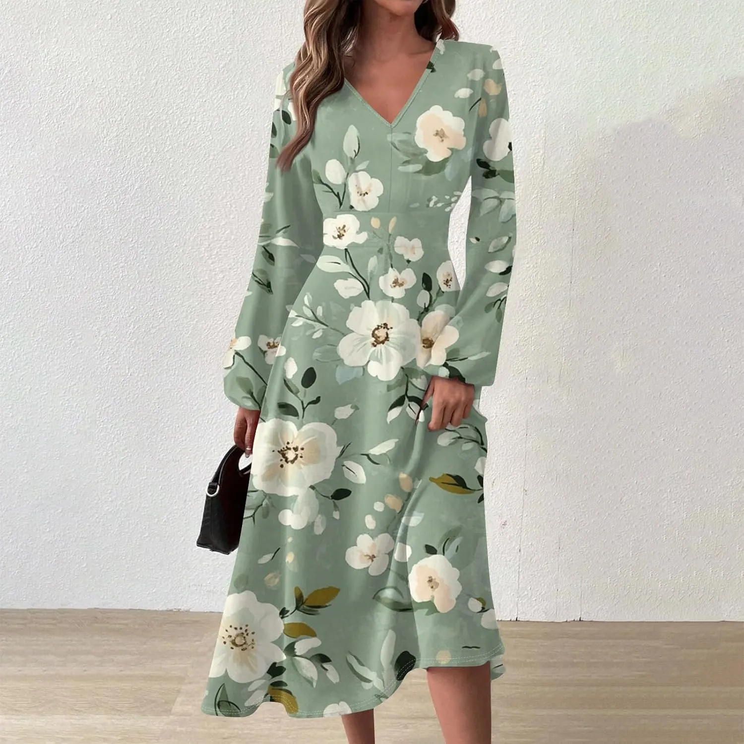 Spring Dresses for Women 2025 Long Sleeve V Neck Midi Cute Summer Vacation Trendy Loose Curvy Dress